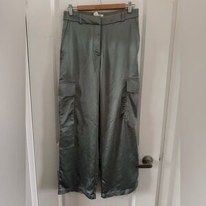 H&M Satin Wide-Leg Cargo Pants in Sage